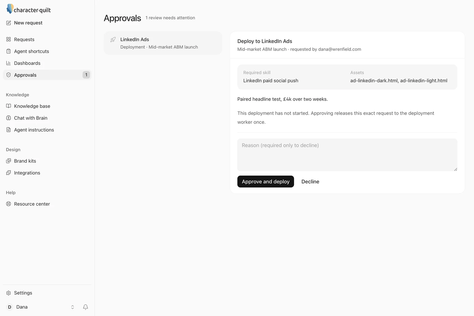 The Approvals page in CharacterQuilt: a deployment to LinkedIn Ads waiting for a named reviewer to approve or decline