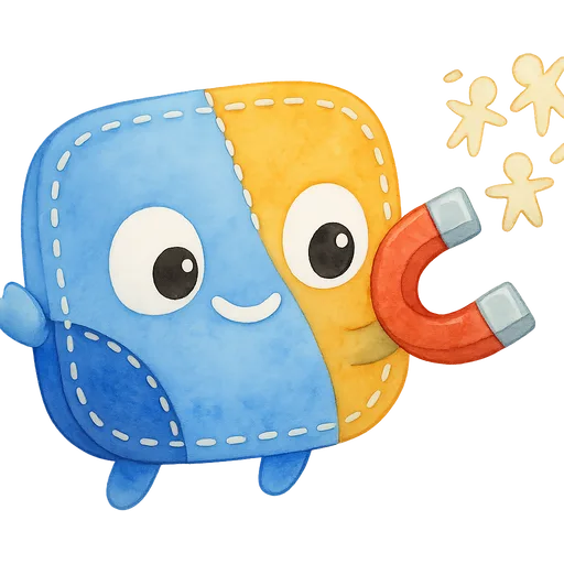 Stitch holding a big magnet that pulls in tiny paper people